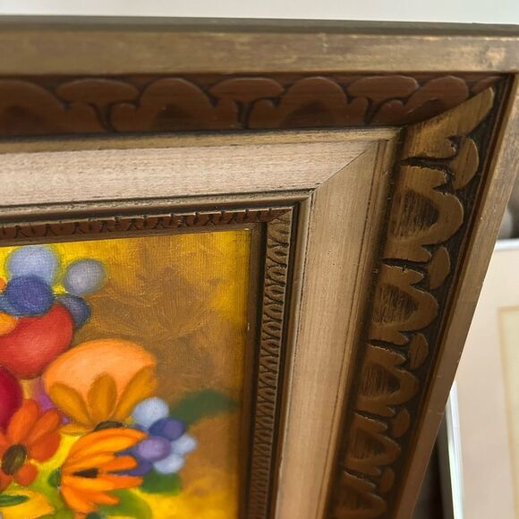 Vintage Still Life Flowers fruit Floral Oil Painting in Thick Gold Frame Ornate - Picture 6 of 9